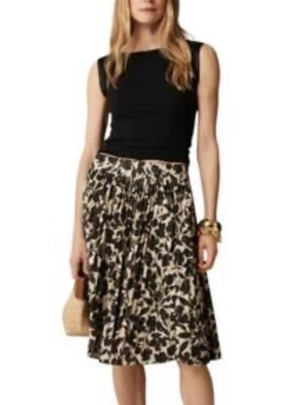 J. Crew Black & Cream Floral Pleated Midi Skirt